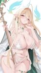  1girl absurdres ahoge azur_lane bare_shoulders between_breasts between_thighs blonde_hair bra breasts cape cleavage collarbone commentary_request earrings elf gem gold_thighlet gouden_leeuw_(azur_lane) green_gemstone groin hair_between_eyes halterneck hands_up highres holding holding_staff jewelry large_breasts long_hair looking_at_viewer mole mole_under_eye nail_polish navel no_panties open_mouth pelvic_curtain pink_nails pointy_ears pubic_tattoo purple_eyes qingmangzi revealing_clothes see-through_clothes see-through_pelvic_curtain sidelocks simple_background single_earring skindentation solo staff standing stomach tattoo thighlet thighs two-sided_cape two-sided_fabric underwear very_long_hair white_background white_bra white_cape 