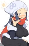  1girl akari_(pokemon) artist_name black_bodysuit black_eyes black_hair black_jacket blush bodysuit breasts commentary fanning_self headscarf highres hot jacket jellcaps large_breasts long_hair long_sleeves off_shoulder open_mouth pokemon pokemon_legends:_arceus red_scarf scarf sitting solo sun sweat 
