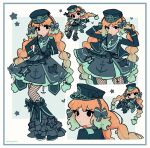  1girl absurdres aqua_hair aqua_necktie arm_up black_bow black_eyes black_gloves black_hairband black_jacket black_shirt black_skirt bow braid chibi collared_shirt fishnet_pantyhose fishnets gloves gradient_hair hair_bow hairband highres ishmael_(project_moon) jacket limbus_company long_hair long_sleeves low_twin_braids military_lolita minty_chu multicolored_hair multiple_views necktie open_mouth orange_hair pantyhose project_moon shirt simple_background skirt twin_braids very_long_hair white_background 