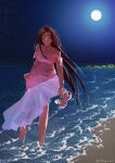  1girl alien_stage alternate_costume asymmetrical_dress beach brown_hair closed_eyes commentary dark-skinned_female dark_skin dress english_commentary frilled_dress frills full_moon highres holding holding_shoes holding_unworn_clothes hyuna_(alien_stage) long_dress long_hair moon night night_sky off-shoulder_dress off_shoulder open_mouth pink_dress shoes signature skirt_hold sky smile solo star_(sky) stasyn_heh unworn_shoes very_long_hair wading water 