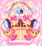  &lt;3 4_fingers big_ears blonde_hair blue_fur blush bovine breasts cattle clothed clothing female front_view fully_clothed fur hair heartthrob_cafe hood horn irootie jacket kix_(irootie) looking_at_viewer mammal open_mouth pink_eyes pink_tongue solo spots spotted_fur three_tone_fur tongue 