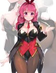  1girl absurdres animal_ear_hairband animal_ears arm_under_breasts ass ass_visible_through_thighs black_leotard black_shrug blush breasts brown_pantyhose cleavage coattails collar cowboy_shot detached_collar fake_animal_ears fake_tail hair_ribbon hairband hand_up highleg highleg_leotard highres kirikawa_ikumu large_breasts leotard long_hair looking_at_viewer low_twintails necktie original pantyhose pink_eyes pink_hair playboy_bunny projected_inset rabbit_ears rabbit_tail red_hairband red_necktie red_ribbon ribbon shrug_(clothing) strapless strapless_leotard tail twintails white_background white_collar white_wrist_cuffs wrist_cuffs 