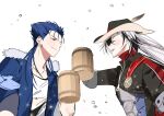  2boys beer_mug black_hair blue_hair blue_jacket boothill_(honkai:_star_rail) chugchuging cowboy_hat crossover cu_chulainn_(fate) cu_chulainn_(honkai:_star_rail)_(fate) cup earrings fate/stay_night fate_(series) hat holding holding_cup honkai:_star_rail honkai_(series) jacket jewelry long_hair looking_at_another male_focus mug multicolored_hair multiple_boys red_eyes robot shoes simple_background smile two-tone_hair white_background white_hair white_shoes 