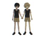  2boys antenna_hair basil_(faraway)_(omori) basil_(omori) black_eyes black_hair black_shoes black_sweater_vest blonde_hair blue_eyes brown_shorts closed_mouth collared_shirt highres holding_hands looking_at_viewer male_focus multiple_boys my_loleeta omori shirt shoes short_hair short_sleeves shorts simple_background socks sunny_(omori) sweater_vest white_background white_shirt white_socks 