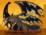 2024 4:3 big_tail black_body black_eyes claws dark_souls digitigrade dragon evelyn_(whygena) female feral fromsoftware hi_res horn kneeling multicolored_body mythological_creature mythological_scalie mythology pattern_background scalie simple_background solo spread_wings tail white_body whygena wings yellow_background