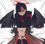  2girls absurdres ahoge asphyxiation black_choker black_gloves black_hair black_serafuku black_wings blue_archive choke_hold choker demon_horns finger_in_another&#039;s_mouth gloves hair_intakes hair_ornament hairclip halo hands_on_another&#039;s_neck highres horns ichika_(blue_archive) kasumi_(blue_archive) long_hair long_sleeves multiple_girls neckerchief open_mouth red_halo red_neckerchief red_shirt sailor_collar school_uniform serafuku sharp9710 shirt strangling wings 