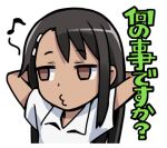  1girl 774_(nanashi) arms_behind_head black_hair brown_eyes collared_shirt ijiranaide_nagatoro-san long_hair lowres musical_note nagatoro_hayase shirt simple_background solo tan upper_body whistle white_background white_shirt 