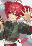  1girl absurdres ahoge bad_source balloon black_shirt black_skirt breasts buttons collared_shirt commentary_request drill_hair grey_background grey_shirt grin hair_between_eyes hand_up highres kasane_teto kasane_teto_(voicepeak) lips long_sleeves looking_at_viewer red_eyes red_hair sakauchi_waka shirt simple_background skirt skirt_set small_breasts smile solo sound_wave twin_drills utau voicepeak walkie-talkie wing_collar 