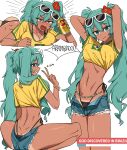  1girl :3 abstractpurple absurdres aqua_eyes aqua_hair arms_up artist_collaboration ass back bead_necklace beads bikini bikini_under_clothes black_bikini blush bracelet brazilian_flag brazilian_flag_print brazilian_miku breast_press breasts can channel_(caststation) collarbone commentary cropped_shirt cutoffs denim denim_shorts dimples_of_venus drink duplicate earrings english_commentary english_text eyewear_on_head fang flag_print flower from_behind green_nails green_trim hair_between_eyes hair_flower hair_ornament hatsune_miku heart highres holding holding_can jewelry large_breasts long_hair looking_at_viewer looking_back lying mixed-language_commentary multicolored_nails multiple_views nail_polish navel navel_piercing necklace on_stomach open_clothes open_fly open_mouth open_shorts piercing pixel-perfect_duplicate portuguese_text profile rectangular_earrings red_flower saliva shirt short_shorts short_sleeves shorts side-tie_bikini_bottom simple_background skin_fang skol smile speech_bubble squatting standing sunglasses swimsuit tan tanline_peek tanlines torn_clothes torn_shorts translated twintails v vocaloid white_background yellow_nails yellow_shirt 
