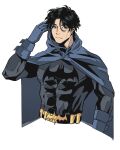  1boy bat_signal batman batman_(cosplay) batman_(series) batman_symbol black_bodysuit bodysuit cape cosplay covered_abs dc_comics dick_grayson highres male_focus nightwing solo superhero_costume upper_body xx1115dxx 
