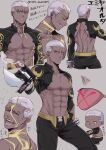  1boy abs bare_pectorals black_pants closed_mouth dark-skinned_male dark_skin emiya_alter fate/grand_order fate_(series) gun highres holding holding_gun holding_weapon looking_at_viewer male_focus multiple_views norinobu pants parted_lips pectorals short_hair smoke smoking_barrel tongue tongue_out weapon white_hair 