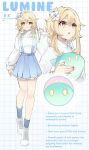  1girl anemo_slime_(genshin_impact) blonde_hair blue_skirt blue_socks breasts bunni_stardust character_name english_text flower genshin_impact hair_between_eyes hair_flower hair_ornament highres long_hair long_sleeves lumine_(genshin_impact) multiple_views open_mouth shoes short_hair_with_long_locks skirt slime_(genshin_impact) smile sneakers socks sweater white_shoes white_sweater yellow_eyes 