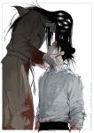  1boy 1girl bandaged_hand bandages belt black_hair blood blood_on_clothes blood_on_hands brown_coat closed_eyes coat covered_face cowboy_shot cursed_spirit_(jujutsu_kaisen) dress_shirt extra_eyes feet_out_of_frame from_side getou_suguru hair_bun hand_on_another&#039;s_cheek hand_on_another&#039;s_face hand_on_another&#039;s_neck height_difference highres horror_(theme) jujutsu_kaisen kuchisake-onna laoyepo light_smile long_hair looking_down sharp_teeth shirt shirt_tucked_in simple_background sleeves_rolled_up tall_female teeth trench_coat white_background white_eyes white_shirt 