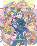  4girls 5girls 6+boys :d ace_attorney anniversary armband barok_van_zieks black_eyes black_hair blonde_hair blue_eyes brown_hair capcom cape chuunosuke_(ace_attorney) closed_mouth confetti dog facial_hair gina_lestrade gloves goggles goggles_on_headwear grey_hair hair_rings hat headband herlock_sholmes highres holding holding_umbrella iris_wilson jacket japanese_clothes katana kazuma_asogi kimono long_hair long_sleeves looking_at_viewer male_focus maria_gorey multiple_boys multiple_girls mustache nyasogi open_mouth red_eyes red_headband rei_membami ryunosuke_naruhodo satoru_hosonaga scar scar_on_face shino_(shino_dgs) short_hair smile soseki_natsume susato_mikotoba sword the_great_ace_attorney tobias_gregson toby_(ace_attorney) umbrella usato_(ace_attorney) wagahai_(ace_attorney) weapon yujin_mikotoba 