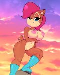  anthro areola black_nose blue_eyes boots breasts chipmunk clothing eyelashes featureless_crotch female footwear hair half-closed_eyes looking_at_viewer mammal navel nipples nitro red_hair rodent sally_acorn smile solo sonic_(series) 
