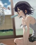  1boy absurdres bare_shoulders barefoot black_shorts blue_sky blush chama_(chacoc0) commentary danganronpa_(series) danganronpa_v3:_killing_harmony electric_fan eyelashes flipped_hair food food_in_mouth from_side hair_between_eyes highres hot indoors male_focus medium_hair nipple_slip nipples oma_kokichi popsicle popsicle_in_mouth profile shiny_skin shorts sitting sky sliding_doors strap_slip summer sweat tank_top trap white_tank_top wind 