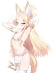  1girl absurdres alternate_costume animal_ears armpits arms_up blonde_hair blue_archive bra breasts commentary cowboy_shot dancer detached_sleeves ear_wreath extra_ears flower_wreath fox_ears fox_girl fox_tail highres ler230 long_hair looking_at_viewer mouth_veil navel panties pink_eyes see-through_clothes see-through_sleeves seia_(blue_archive) sidelocks small_breasts solo stomach sweat tail thighhighs underwear veil white_bra white_panties white_thighhighs 
