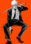  gintama gun male male_focus sakata_gintoki sitting solo suit sword tie 