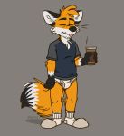  anthro beverage blue_shirt briefs bulge canine clothing coffee coffee_mug eyes_closed fox grey_background legwear male mammal shirt simple_background socks solo t-shirt tighty_whities tinydeerguy tired tongue underwear white_socks white_underwear 