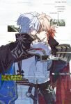  2boys antenna_hair armor black_coat black_shirt blonde_hair blue_cape cape chinese_commentary clawed_gauntlets coat commentary_request earrings glint glitch gold_earrings gradient_hair hair_between_eyes highres honkai:_star_rail honkai_(series) jewelry looking_at_another male_focus medium_hair migan multicolored_hair multiple_boys mydei_(honkai:_star_rail) pauldrons phainon_(honkai:_star_rail) red_cape red_hair shirt short_hair shoulder_armor side_cape simple_background single_pauldron white_background white_coat white_hair yaoi yellow_eyes 
