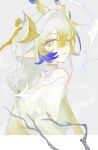  1girl absurdres ambience_synesthesia arknights bare_shoulders blonde_hair blue_eyes border branch chinese_commentary choker commentary_request dragon_girl dragon_horns eyeliner hair_between_eyes hair_ornament highres horns jewelry long_hair looking_at_viewer makeup multicolored_hair necklace off_shoulder official_alternate_costume orange_eyeliner parted_lips pearl_necklace pointy_ears purple_hair shu_(arknights) shu_(bingwenyuyou)_(arknights) solo turning_head uuo1_(faraway34878) white_border white_hair yellow_choker 