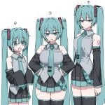  3girls :/ absurdres aged_down alternate_breast_size aqua_eyes aqua_hair aqua_necktie black_thighhighs breasts channel_(caststation) chart curvy detached_sleeves duplicate flat_chest hands_on_own_hips hatsune_miku hatsune_miku_breast_size_comparsion_(meme) headset height_difference height_lineup highres large_breasts long_hair medium_breasts meme miniskirt multiple_girls multiple_persona necktie number_tattoo open_mouth pixel-perfect_duplicate pleated_skirt shirt shoulder_tattoo simple_background skirt sleeveless sleeveless_shirt sleeves_past_fingers sleeves_past_wrists smile sweatdrop tattoo thighhighs twintails very_long_hair vocaloid zettai_ryouiki 