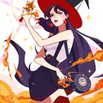  alternate_costume bag bare_shoulders bishoujo_senshi_sailor_moon black_bag black_skirt boissb commentary crescent_print earrings english_commentary fire hat hino_rei holding holding_wand jewelry long_hair looking_at_viewer magic mars_symbol parted_lips red_lips shoulder_bag signature skirt star_(symbol) star_earrings suspender_skirt suspenders wand witch witch_hat 