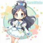  1girl belt black_hair blue_belt blue_brooch blue_eyes bow bowtie brooch character_name circle commentary_request cowboy_shot cure_white dated dot_nose dress earrings flower frilled_arm_warmers frilled_leg_warmers frilled_sleeves frills futari_wa_precure futari_wa_precure_max_heart green_flower hair_bow hair_ornament happy heart heart_brooch heart_earrings heart_hair_ornament heart_o-ring heart_print high_ponytail hiyopuko jewelry lace-trimmed_dress lace_trim leg_warmers light_blush long_hair o-ring o-ring_belt open_mouth orange_flower pink_flower ponytail precure short_dress short_ponytail short_sleeves sidelocks signature smile solo split_ponytail standing tareme vertical-striped_background very_long_hair wavy_hair white_arm_warmers white_background white_bow white_bowtie white_dress white_leg_warmers yellow_flower yukishiro_honoka 