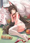  1girl absurdres animal_ear_fluff animal_ears ariko_(aaaaarik) azur_lane black_hair commentary fox fox_ears highres legs long_hair nagato_(azur_lane) nagato_(great_fox&#039;s_respite)_(azur_lane) no_shoes official_alternate_costume panties red_panties side-tie_panties strap_slip thighhighs toes underwear white_thighhighs 