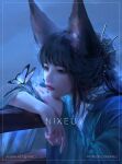  1girl animal_ear_fluff animal_ears artist_name bilingual_commentary black_eyes black_hair blue_butterfly blue_hanfu blue_nails bug butterfly butterfly_on_arm chinese_clothes closed_mouth commentary english_commentary eyelashes fingernails fox_ears fox_girl hair_ornament hanfu head_on_arm head_rest highres lipstick long_fingernails long_hair long_sleeves makeup mixed-language_commentary mole mole_under_mouth nail_polish nixeu nose original paid_reward_available patreon_username realistic red_lips solo upper_body wide_sleeves 