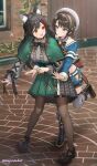  2girls :d absurdres animal_ear_fluff animal_ears aqua_eyes armband back_bow black_boots black_bow black_bowtie black_choker black_hair black_panties black_pantyhose black_shoes blue_jacket blue_shorts blurry blurry_background boots bow bowtie braid brown_hair capelet center_frills choker collared_shirt cropped_jacket cropped_shirt cross-laced_clothes cross-laced_sleeves fold-over_boots frills full_body green_capelet green_skirt grey_hat grey_shirt grey_thighhighs grin hair_flaps hair_ornament half_updo hat high-waist_skirt high_collar high_heel_boots high_heels highres hip_vent hololive hug hug_from_behind jacket lace-trimmed_panties lace_trim large_bow loafers long_hair long_sleeves looking_at_another multicolored_hair multiple_girls official_alternate_costume official_alternate_hairstyle ookami_mio ookami_mio_(8th_costume) oozora_subaru oozora_subaru_(work) outdoors panties panty_peek pantyhose pinstripe_pattern pinstripe_shirt pleated_skirt red_hair revision sailor_hat shirt shirt_tucked_in shoes short_hair shorts side_braid skirt sleeve_cuffs smile standing standing_on_one_leg star_(symbol) star_hair_ornament streaked_hair suspenders swept_bangs thigh_strap thighhighs underwear virtual_youtuber wajuniorbox wolf_ears wolf_girl yellow_eyes 