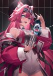  1girl absurdres animal_ears black_tube_top blue_eyes chattino_(raora_panthera) claw_(weapon) coat english_commentary goggles goggles_on_head highres hololive hololive_english long_hair looking_at_viewer mcking multicolored_hair open_mouth panther_ears panther_girl pink_coat pink_hair raora_panthera raora_panthera_(1st_costume) strapless teeth tube_top upper_teeth_only very_long_hair vest virtual_youtuber weapon white_hair white_vest 
