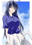  1girl ahoge arms_behind_back black_hair blue_eyes blue_shirt blue_sky cloud commentary_request cowboy_shot dutch_angle gakky hair_down highres kako_(kancolle) kako_(summer)_(kancolle) kantai_collection long_skirt official_alternate_costume official_alternate_hairstyle one-hour_drawing_challenge one_eye_closed railing shirt skirt sky solo white_skirt 