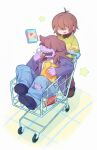  1girl 1other antenna_hair blue_pants brown_hair chips_(food) colored_skin covered_eyes deltarune denim eating food four_weeks full_body furry furry_female hair_over_eyes highres holding holding_food in_shopping_cart jacket jeans kris_(deltarune) long_hair open_mouth pants purple_jacket purple_skin shaded_face sharp_teeth shopping_cart short_hair simple_background star_(symbol) susie_(deltarune) teeth torn_clothes torn_jeans torn_pants white_background 