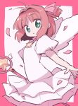  1girl angel_wings antenna_hair aqua_eyes bare_arms blunt_bangs border brown_hair cardcaptor_sakura choker cowboy_shot dokan_(dkn) dot_nose dress expressionless frilled_choker frilled_dress frills hair_intakes hair_ribbon holding holding_wand kinomoto_sakura kinomoto_sakura_(astral_sakura) magical_girl medium_hair outside_border parted_bangs parted_lips petals pink_border pink_choker pink_ribbon puffy_short_sleeves puffy_sleeves ribbon short_dress short_sleeves solo square_neckline standing star_(symbol) star_wand tareme two_side_up wand white_background white_dress white_wings winged_wand wings 