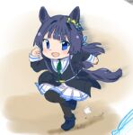  1girl animal_ears arm_up black_hair black_jacket black_pantyhose black_shoes blue_eyes deformed full_body green_ribbon horse_ears horse_girl horse_tail hutaba idolmaster idolmaster_million_live! jacket kemonomimi_mode long_hair long_sleeves looking_at_viewer mogami_shizuka neck_ribbon open_mouth pantyhose pleated_skirt ribbon running shoes skirt solo standing standing_on_one_leg tail white_skirt 