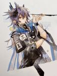  1boy absurdres arknights black_coat bright_pupils chinese_commentary closed_mouth coat commentary_request creature grey_hair hair_between_eyes highres holding infection_monitor_(arknights) logos_(arknights) long_hair looking_at_viewer male_focus meme nib_pen_(object) orange_eyes pen purple_hair rhodes_island_stool_racing_competition_(meme) ringed_eyes solo uuo1_(faraway34878) white_pupils wide_sleeves 