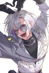  1boy ;d arms_up black_gloves black_shirt blue_eyes blue_hair blush chain chain_necklace choker chromatic_aberration collared_shirt commentary crossed_bangs earrings glint gloves gold_ring green_eyes grey_choker hair_between_eyes heart heart_arms highres jewelry jumping kaelix_debonair kaohom503 long_sleeves looking_at_viewer male_focus multicolored_eyes multicolored_hair necklace nijisanji nijisanji_en one_eye_closed open_mouth purple-tinted_eyewear ring round_eyewear shirt shirt_tucked_in short_hair simple_background smile solo sunglasses symbol-only_commentary teeth tinted_eyewear turtleneck two-tone_eyes virtual_youtuber white_background white_hair white_shirt 