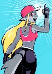 2024 5_fingers abstract_background absurd_res anthro baseball_cap black_choker black_clothing black_fingerless_gloves black_fingernails black_gloves black_handwear black_jewelry black_leggings black_legwear black_nails black_necklace blonde_hair blue_background bra butt choker clip_studio_paint_(artwork) clothed clothing colored_nails dated digital_media_(artwork) dithering drop_shadow ear_piercing ear_ring eyebrows eyelashes female fingerless_gloves fingernails fingers fish furgonomics gesture gloves grey_body hair hand_gesture handwear happy hat headgear headwear hi_res humanoid_hands jewelry leggings legwear lobsteritus long_hair looking_at_viewer looking_back looking_back_at_viewer marine mole_under_eye nails necklace open_mouth open_smile piercing pink_bra pink_clothing pink_eyes pink_hat pink_headwear pink_tongue pink_underwear pointing pointing_up portrait pupils rear_view ring_piercing rosebud_(lobsteritus) shark sharp_teeth signature simple_background smile solo sports_bra tail tail_clothing teeth three-quarter_portrait tongue trans_(lore) trans_woman_(lore) underwear white_pupils