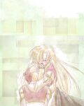  1boy 1girl black_coat blonde_hair blush circlet closed_eyes coat commentary_request crossdressing dated_commentary genderswap genderswap_(mtf) gold_trim high_priest_(ragnarok_online) hug multicolored_coat open_mouth ragnarok_online sharari short_hair two-tone_coat upper_body white_coat 