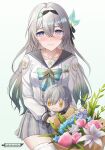  1girl absurdres adobolaide black_hairband black_ribbon blush bouquet bow bowtie caelus_(honkai:_star_rail) character_doll closed_mouth collared_shirt doll firefly_(honkai:_star_rail) firefly_(spring_missive)_(honkai:_star_rail) gradient_eyes gradient_hair green_bow green_bowtie green_pupils grey_hair grey_sailor_collar grey_skirt hair_between_eyes hair_intakes hair_ornament hair_ribbon hairband highres honkai:_star_rail honkai_(series) long_hair multicolored_eyes multicolored_hair plaid_bow plaid_bowtie plaid_clothes pleated_skirt ribbon sailor_collar shirt simple_background skirt smile stuffed_toy thighhighs trailblazer_(honkai:_star_rail) twitter_username two-tone_eyes white_background white_shirt white_thighhighs 