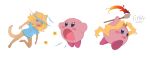2025 anthro before_and_after blonde_hair blue_clothing blue_eyes brush cheese_quesadilla clothing corablue digital_media_(artwork) duo felid female hair hi_res holding_brush holding_object holding_paintbrush kirby kirby_(series) mammal merging nintendo open_mouth paintbrush pattern_clothing pink_body simple_background smile striped_clothing stripes tail transformation waddling_head white_background