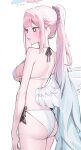  1girl absurdres angel_wings ass back bikini black_bow blank_eyes blue_archive blush bow breasts commentary feathered_wings gradient_hair hair_ribbon halo highres long_hair low_wings median_furrow mika_(blue_archive) multicolored_hair nephthys2356 open_mouth pink_hair pink_halo ponytail purple_ribbon ribbon shoulder_blades simple_background solo swimsuit symbol-only_commentary thighs white_background white_bikini white_wings wings 