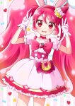  1girl aisumi animal_ears apron blush bow choker commentary_request cure_whip double_v dress earrings food frilled_dress frills fruit gloves hairband hands_up jewelry kirakira_precure_a_la_mode long_hair looking_at_viewer magical_girl open_mouth pink_eyes pink_hair pom_pom_(clothes) pom_pom_earrings precure rabbit_ears smile solo strawberry striped_background twintails usami_ichika v very_long_hair 