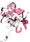  1girl :d absurdres animal_ears ascot bare_shoulders black_gloves black_hat black_tube_top breasts cleavage foot_up gloves goggles goggles_on_head halterneck hat highres holding holding_pen hololive hololive_english jacket knee_up large_breasts long_hair nib_pen_(medium) off_shoulder panther_ears panther_girl panther_tail partially_fingerless_gloves pen pen_(medium) pink_hair pink_jacket pink_nails raora_panthera raora_panthera_(1st_costume) rysp shoes shorts smile solo standing standing_on_one_leg strap strapless tail teeth thighhighs traditional_media tube_top upper_teeth_only vest virtual_youtuber white_ascot white_shoes white_shorts white_thighhighs white_vest yellow_eyes 