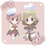  1boy 1girl argyle_cape argyle_clothes argyle_pants argyle_shirt bangle belt blonde_hair blue_eyes blush boots bracelet brown_pants brown_shirt brown_skirt cape chibi chibi_only closed_mouth cloud_over_head commentary_request dated_commentary detached_sleeves double_bun expressionless flower full_body fur_collar hair_bun hanbok hat jewelry korean_clothes long_sleeves looking_at_viewer pants pink_background pink_eyes pink_flower pink_hair purple_belt ragnarok_online sailor_hat sharari shirt shoes short_hair skirt sorcerer_(ragnarok_online) soul_linker_(ragnarok_online) standing waist_cape white_boots white_cape white_hat white_shirt white_sleeves 