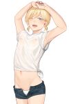  1boy androgynous armpits arms_up blonde-haired_boy_(sunaba_(nczd5875)) blonde_hair blue_eyes bulge fang groin looking_at_viewer midriff navel nipples one_eye_closed open_fly original panties pantyshot see-through_clothes see-through_shirt shirt short_twintails shorts simple_background smile solo stretching sunaba_(nczd5875) thighs tied_shirt trap twintails underwear wet wet_clothes white_background 