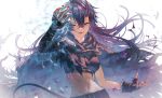  1girl alternate_costume black_cape black_gloves black_hair black_horns black_sports_bra breasts cape commentary_request crossed_bangs demon_girl demon_horns demon_tail fagi_(kakikaki) fingerless_gloves fingernails floating_hair gloves gradient_horns hair_between_eyes highres horns long_hair looking_at_viewer medium_breasts midriff multicolored_hair multicolored_horns nanashi_inc. navel open_mouth purple_eyes red_hair red_horns red_nails ryugasaki_rene smile solo sports_bra tail torn_cape torn_clothes two-tone_hair upper_body very_long_hair virtual_youtuber white_background 