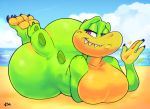  2018 anthro australian bedroom_eyes big_breasts big_butt breasts butt claws croc_(vimhomeless) crocodile crocodilian featureless_breasts feet female half-closed_eyes hi_res huge_butt lying nude on_front reptile sand scalie seaside seductive smile solo teeth thick_thighs toe_claws vimhomeless voluptuous wide_hips 