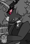 1_horn absurd_res alcohol animal_ears anthro bar beverage black_horn bottle breasts container cup demon drinking_glass drunk female glass glass_container glass_cup hair hi_res horn ice long_hair monochrome ravyn_pain red_eyes restricted_palette solo spot_color substance_intoxication